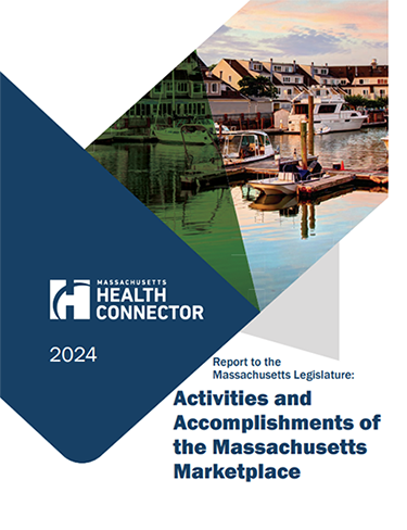 Cover of the 2024 Massachusetts Health Connector report featuring a geometric design with an image of a scenic waterfront and boats.