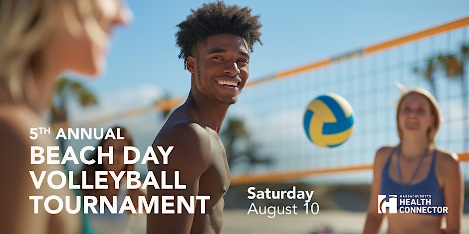 Banner for the 5th Annual Beach Day Volleyball Tournament sponsored by Health Connector, featuring three enthusiastic players preparing for a game under a sunny sky, scheduled for Saturday, August 10.