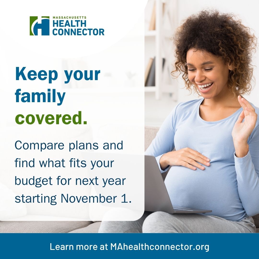 Woman smiling with laptop, health coverage advertisement.