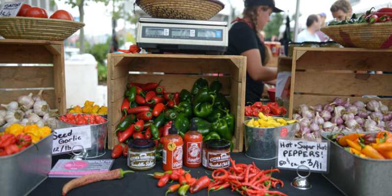 A vibrant farmers' market stall displaying an assortment of fresh produce including tomatoes, peppers, and garlic. Jars of sauces and labeled baskets can also be seen, with an individual attending to customers in the background.