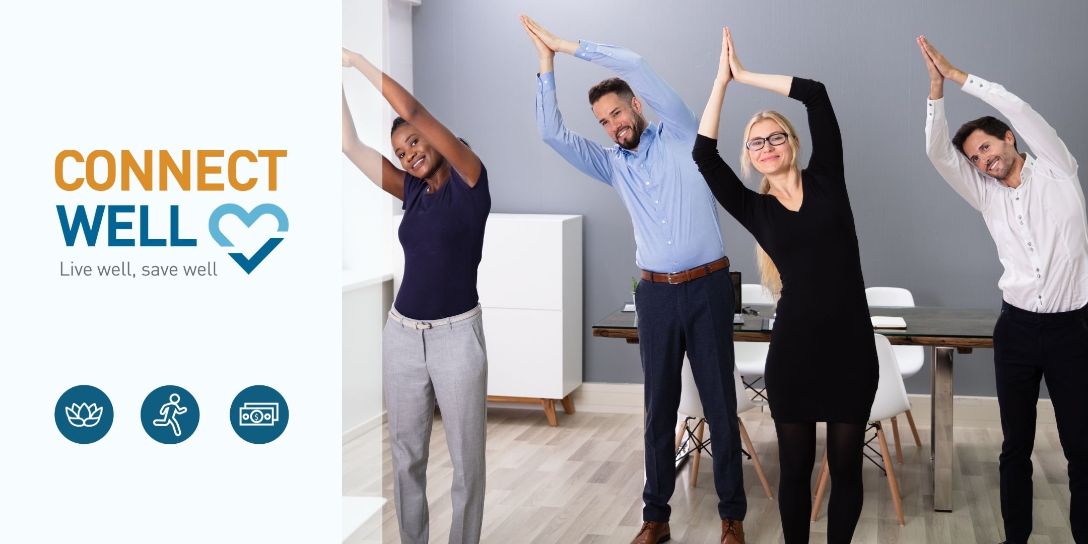 Group of businesspeople doing standing stretches in an office setting