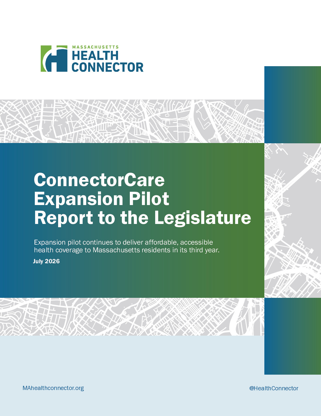 Cover of ConnectorCare Report to the Legislature, July 2025, featuring a smiling caregiver and child, with text about delivering affordable, accessible annual reports to Massachusetts residents.