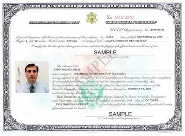 Image of a Certificate of US Citizenship Form N-560 or N-561