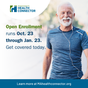 Smiling person with headphones exercising outdoors. Text on the image promotes Massachusetts Health Connector open enrollment from October 23 to January 23.
