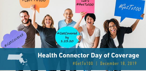 Diverse group of individuals holding signs that read hashtag GetTo100 and hashtag GetCovered
