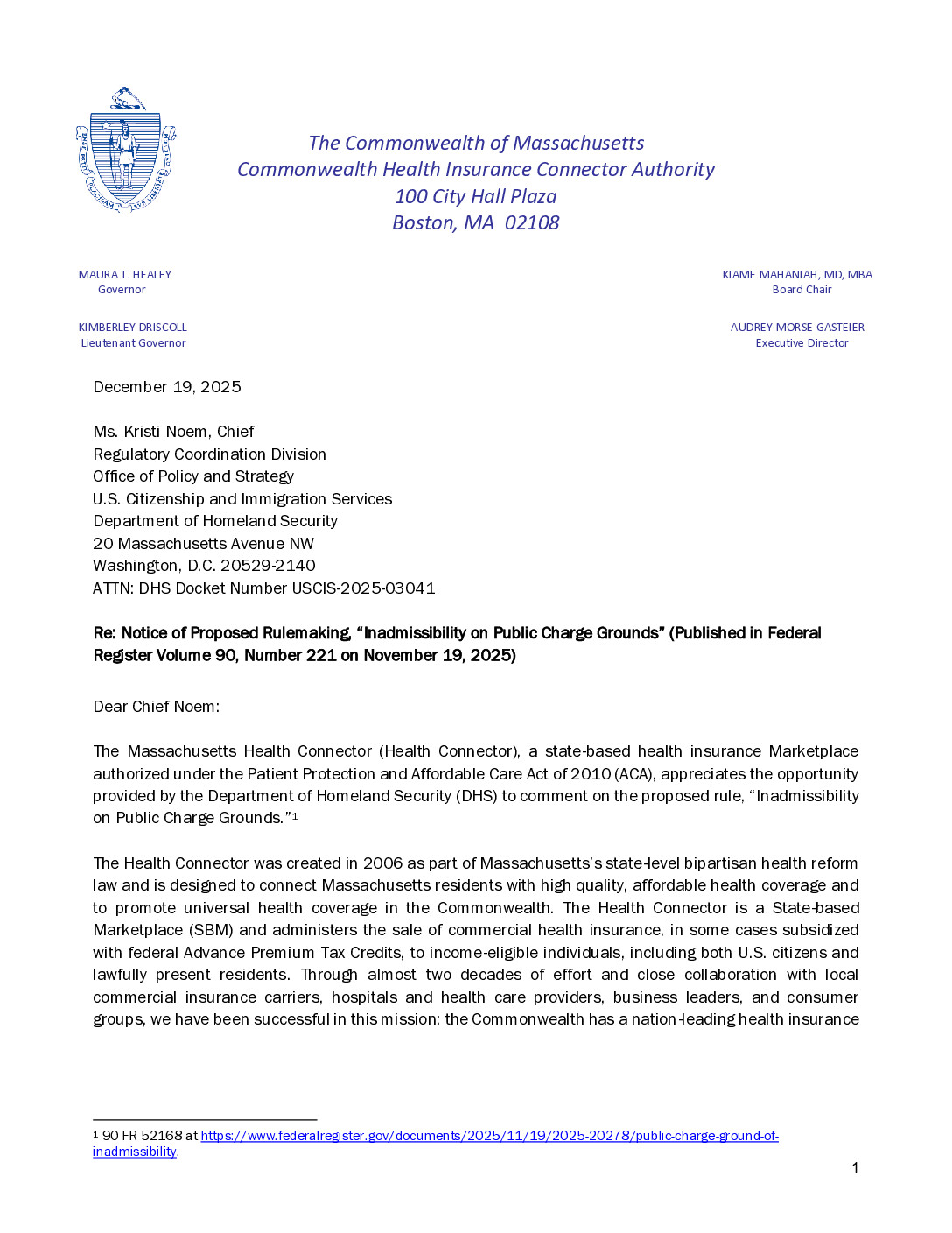 Screenshot of the first page of the public comment letter