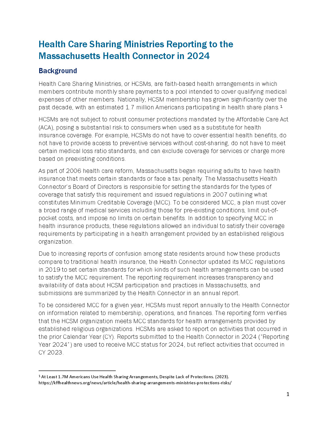 Screenshot of the first page of the Health Care Sharing Ministries annual report for 2022 and 2023