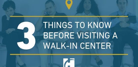 Four people sitting and waiting with the words 3 THINGS TO KNOW BEFORE VISITING A WALK-IN CENTER overlaying the image