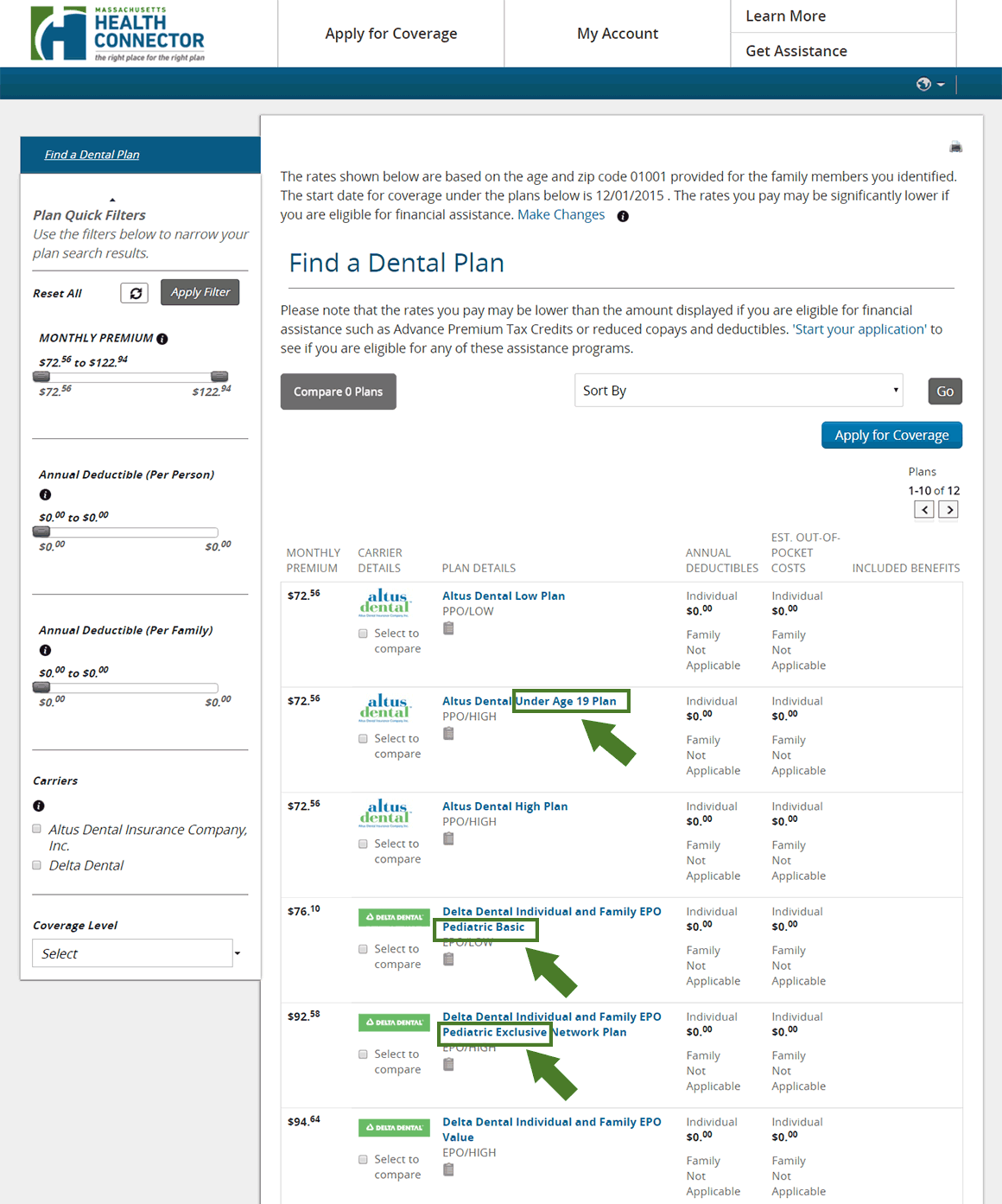 Screenshot of the browse plans page, highlighting examples of child only plans