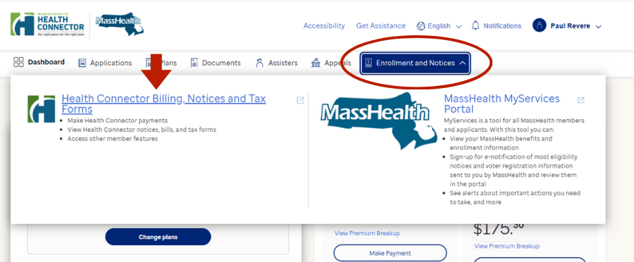 application-notices-menu-option-detail A screenshot of the Massachusetts Health Connector website showing various tabs like Dashboard, My Applications, and Payments, with the "Enrollment and Notices" section circled in red.