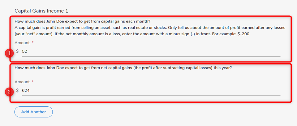Screenshot of capital gains income questions