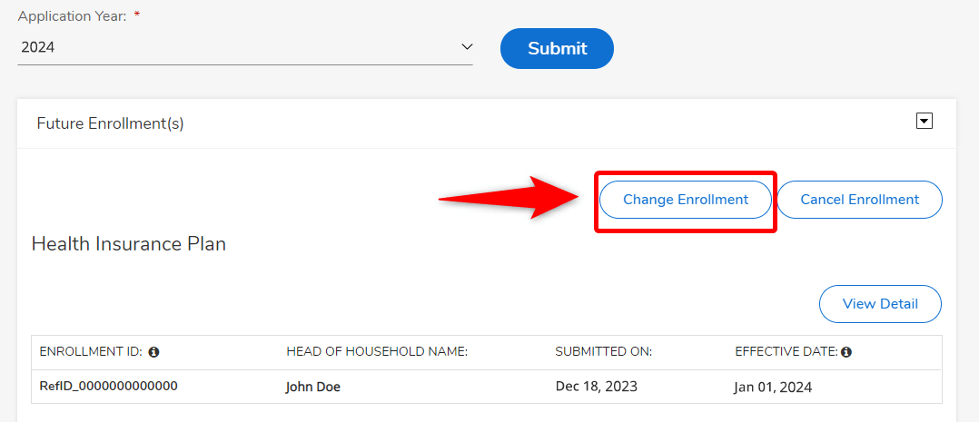 Screenshot of change enrollment button highlighted
