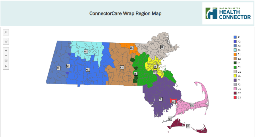 Screenshot of the ConnectorCare enrollee dashboard that features a graphic Massachusetts with color-coded divisions for plan area regions