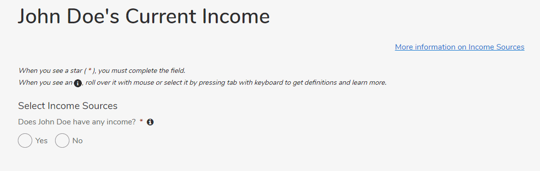 Screenshot of Health Connector application question asking if a member has income