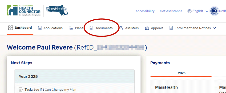 Screenshot of the Massachusetts Health Connector website dashboard. Highlighted is the 'Documents' tab.