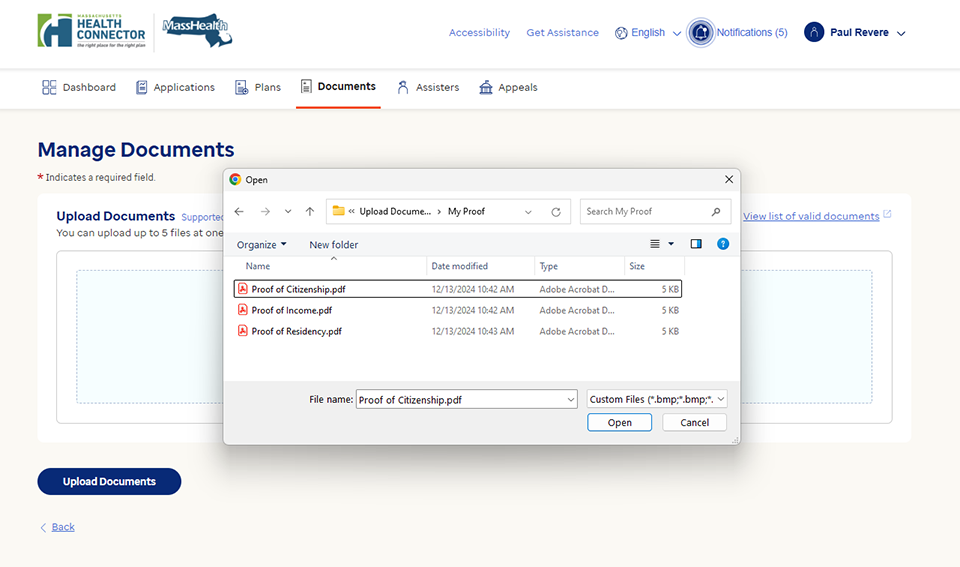 Screenshot of a 'Manage Documents' page on the Health Connector website, showing a dialog box for uploading documents such as Proof of Income, Citizenship, and Residency.