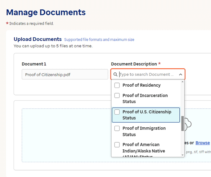 Screenshot of a document upload interface on a website, showing a dropdown menu with options for document descriptions such as 'Proof of U.S. Citizenship Status'. The file 'Proof of Citizenship.pdf' is selected for upload in the 'Document 1' field.