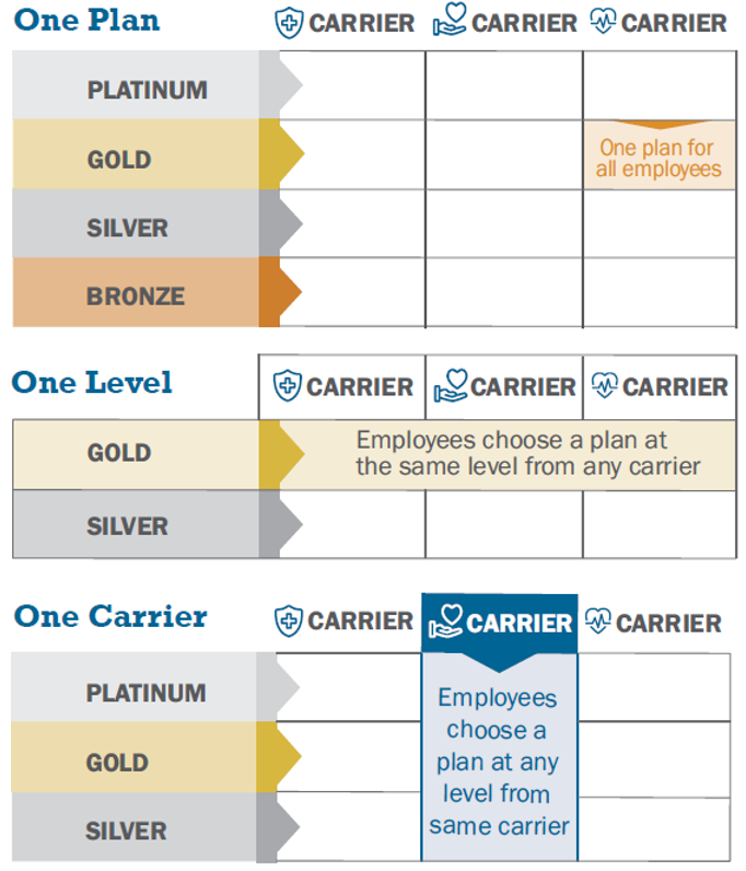 Chart showing three health insurance options: "One Plan," "One Level," and "One Carrier." Each option presents different configurations for choosing plans based on levels labeled Platinum, Gold, Silver, and Bronze. "One Plan" offers a standardized plan for all employees. "One Level" allows choosing any plan at the same level from any carrier. "One Carrier" highlights selecting any plan level from the same carrier.