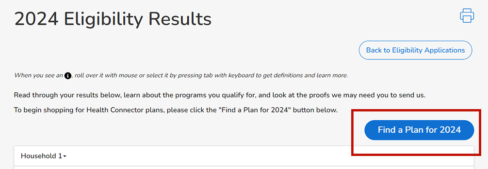 Detalle de la captura de pantalla de la página de resultados de Elegibilidad con el botón Buscar un plan 2024 resaltado