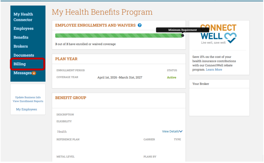 Screenshot of a webpage titled 'My Health Benefits Program' with a sidebar menu on the left, highlighting the 'Billing' section. The main content displays enrollment status, plan year details, and benefit group information.