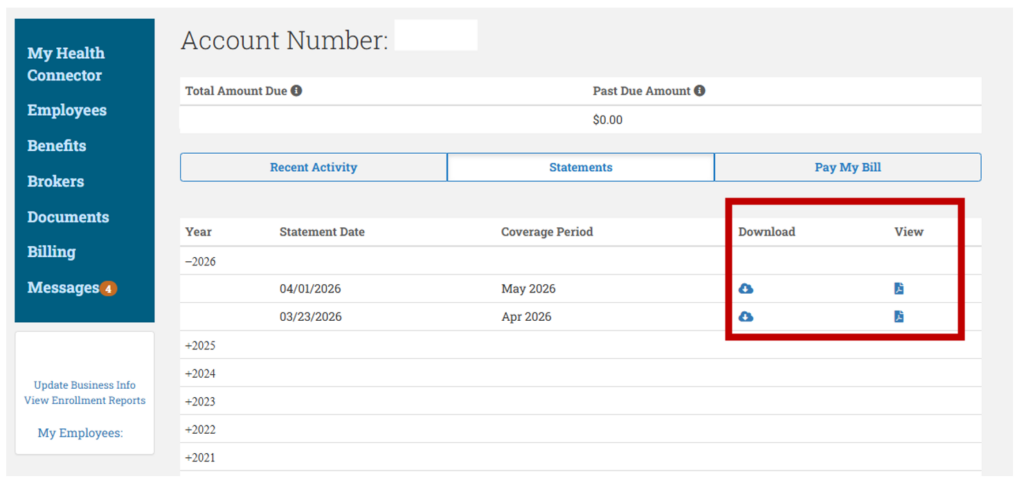 This image shows a webpage for an account overview. Statements is selected as is the year 2026. A table lists statements for years 2026, with statement dates and coverage periods in April and May. Icons for downloading and viewing documents are on the right.