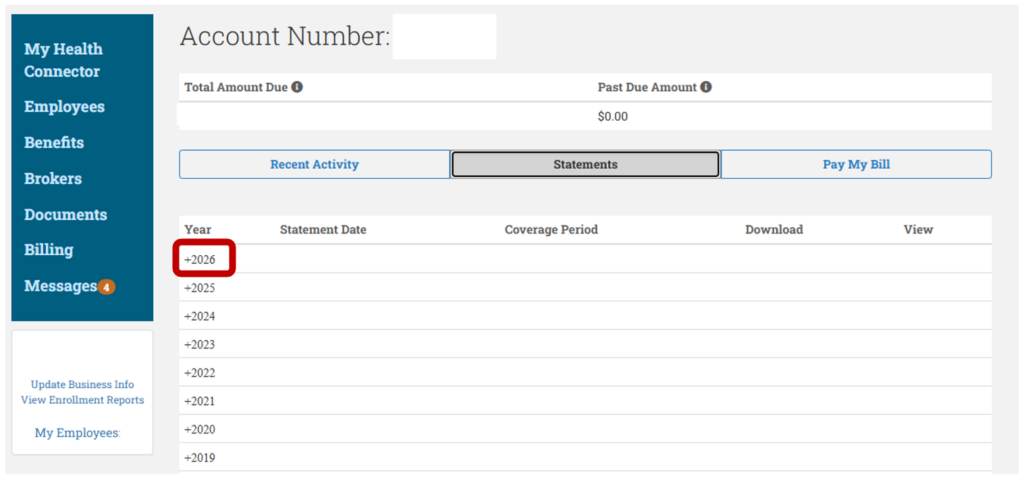 Screenshot of the account management interface from an online portal. The image shows 'Statements' is selected. A highlighted year, 2026, with a plus sign is listed under statements, followed by past years back to 2019.