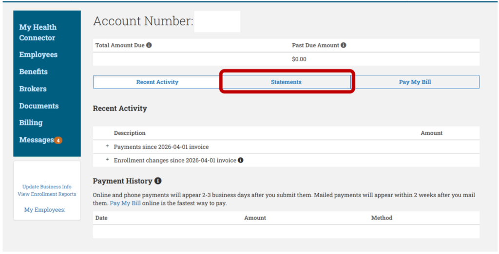 A screenshot of an account summary page for 'My Health Connector.' The page shows options for 'Recent Activity,' 'Statements,' and 'Pay My Bill.' The 'Statements' tab is highlighted.