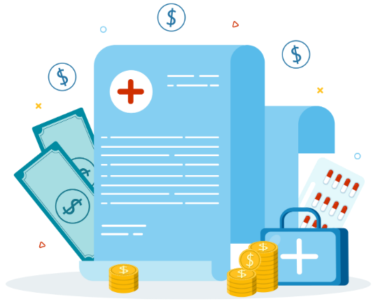 Ilustración de costos de atención médica con dinero y documentos. Ilustración de costos de atención médica con dinero y documentos.