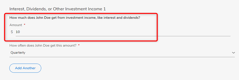 Captura de pantalla de preguntas sobre dividendos de intereses e ingresos por inversiones