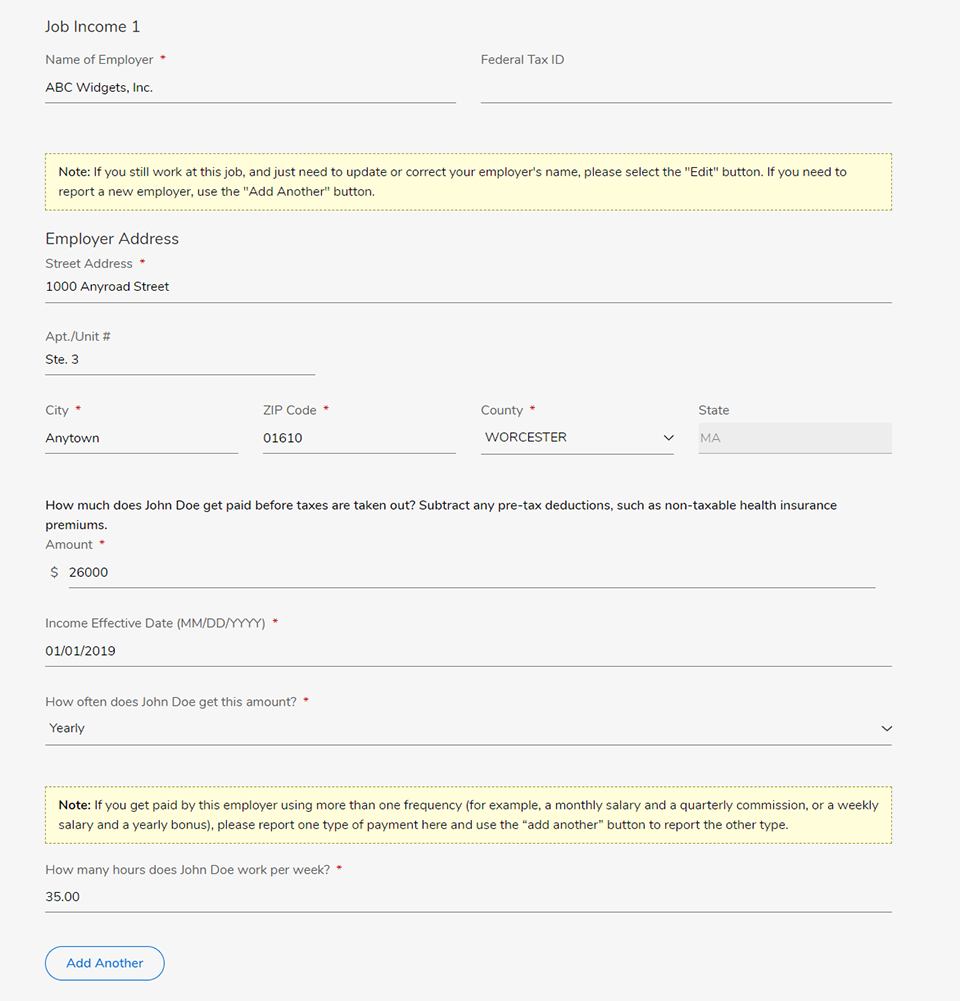 Screenshot of job income questions and required information