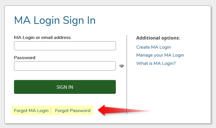 MA login screenshot with forgot user name and forgot password links highlighted