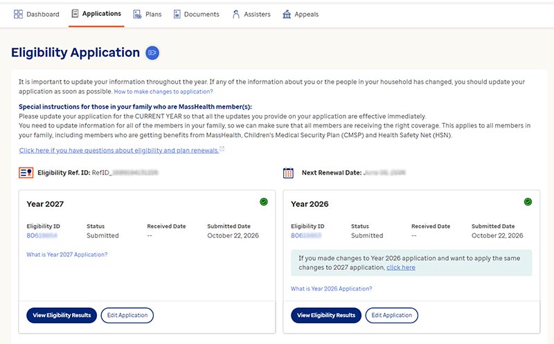 Screenshot of an example Applications page that shows Year 2027 and Year 2026 application and links to view or edit the application
