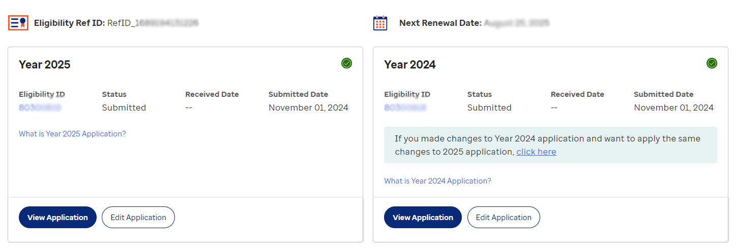 Screenshot of an example Applications page that shows Year 2025 and Year 2024 application and links to view or edit the application