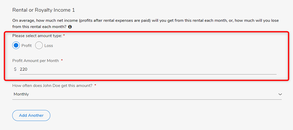 Screenshot of rental or royalty income questions