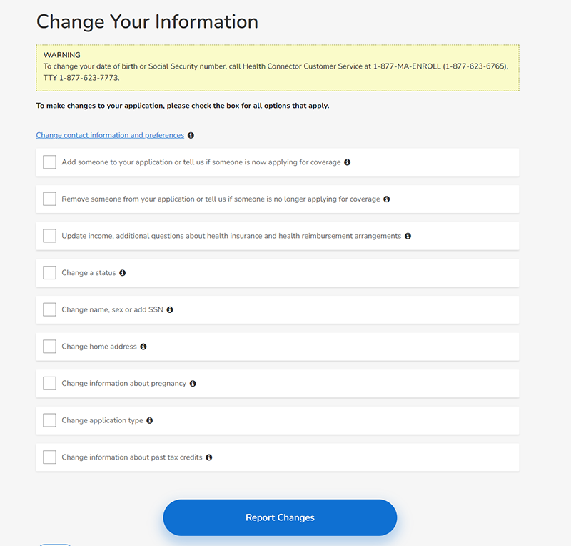Screenshot of the change your information page in the application