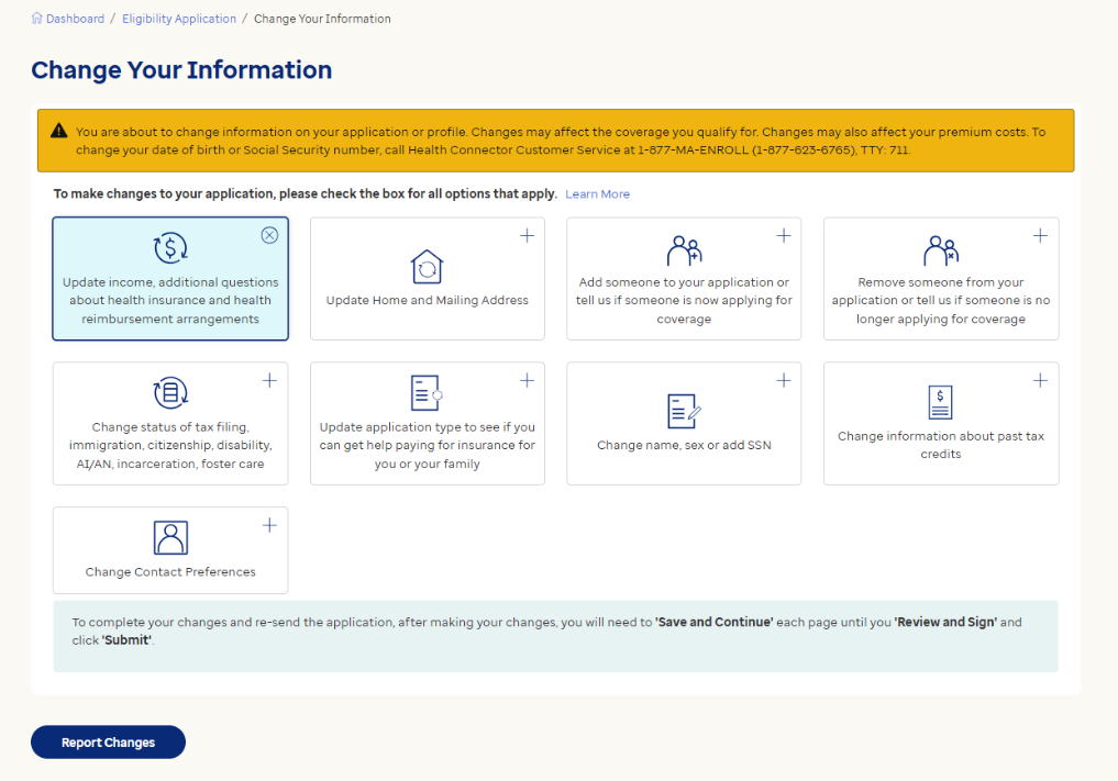 Screenshot of the change your information page in the application