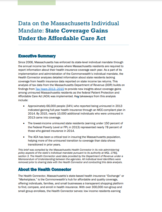 Report cover from Data on the Massachusetts Individual Mandate: State Coverage Gains Under the Affordable Care Act