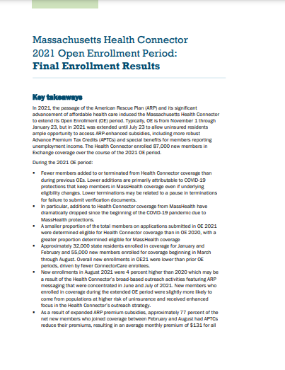 Report cover from Massachusetts Health Connector 2021 Open Enrollment Period: Final Enrollment Results