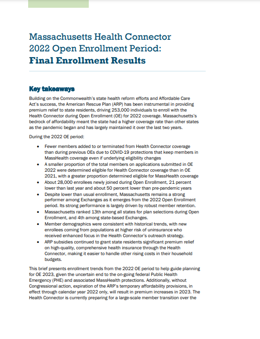 Report cover from Massachusetts Health Connector 2022 Open Enrollment Period: Final Enrollment Results