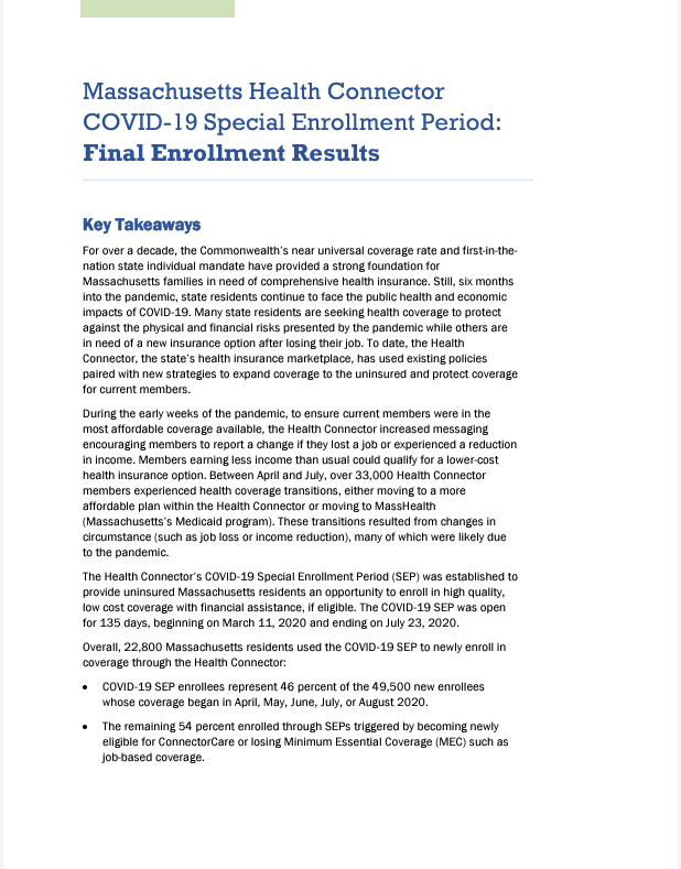 Report cover from Massachusetts Health Connector COVID-19 Special Enrollment Period: Final Results