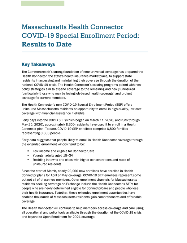 Report cover from Massachusetts Health Connector COVID-19 Special Enrollment Period: Results to Date