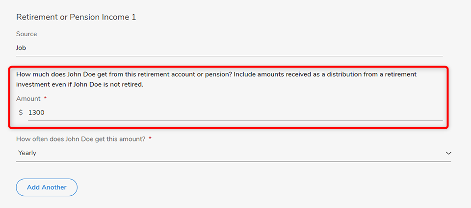 Captura de pantalla de preguntas sobre ingresos por jubilación o pensión