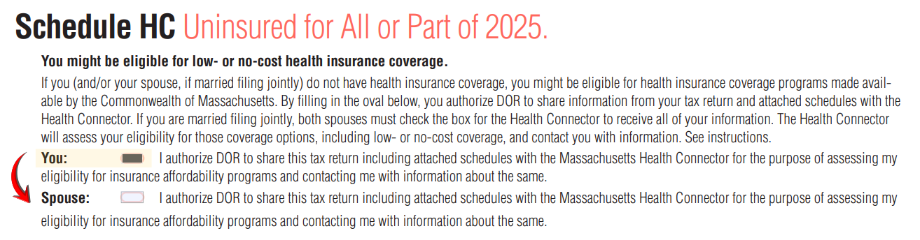 Screenshot detail of Form Schedule HC Health Care Information that shows the simple sign up circle to fill in for taxpayers and their spouse if they have one and are filing jointly