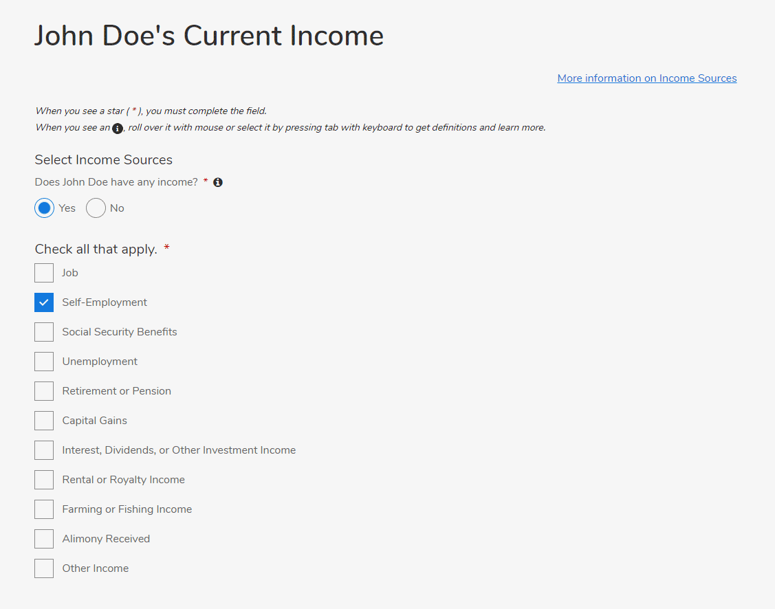 Captura de pantalla de Health Connector aplicación donde un usuario puede seleccionar todas las fuentes de ingresos que obtiene