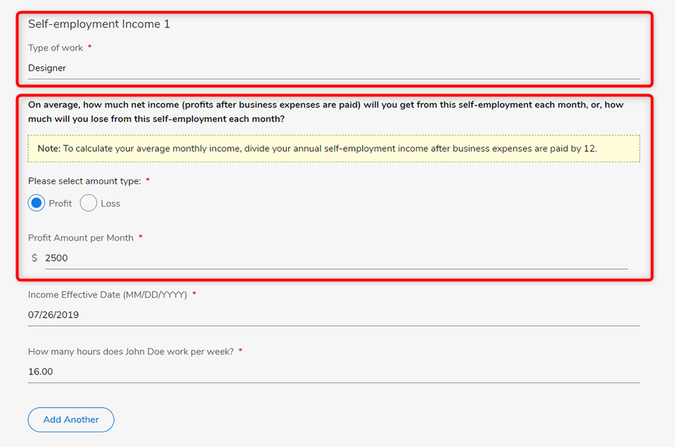 Captura de pantalla de las preguntas sobre ingresos del trabajo por cuenta propia