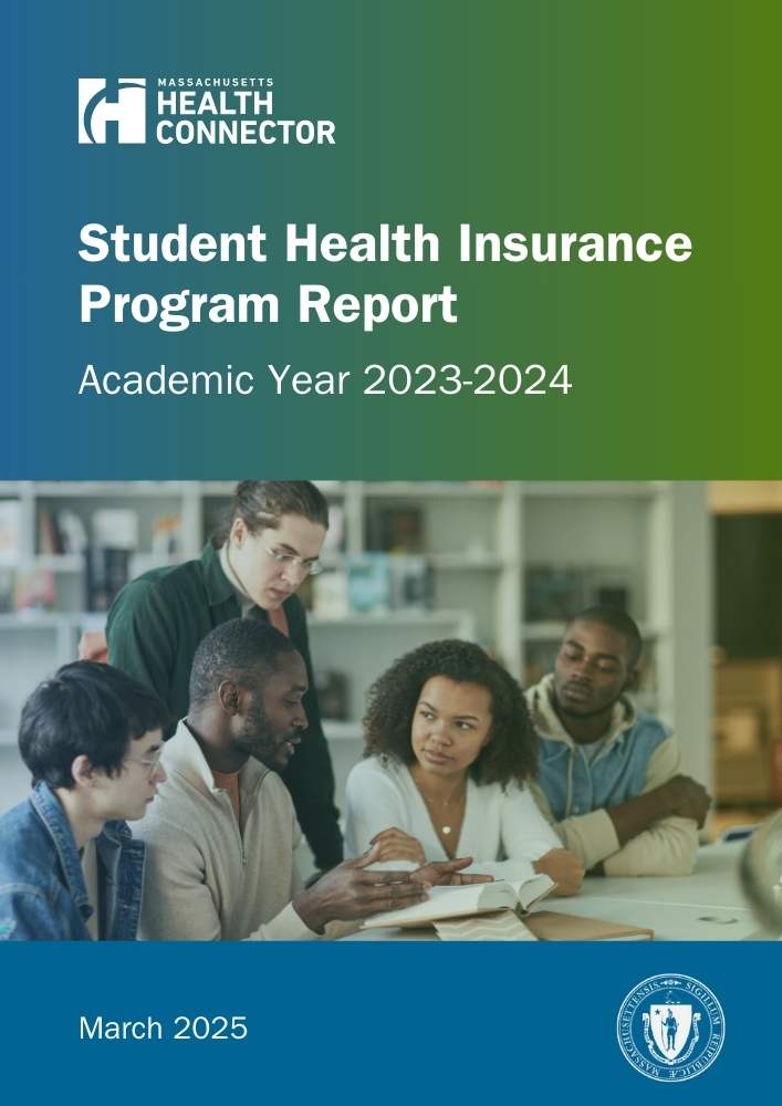 Cover page for the "Student Health Insurance Program Report, Academic Year 2023-2024" by Massachusetts Health Connector. Features the logo, title, and a photo of five people discussing around a table. Gradient blue-green background with "March 2025" and the Massachusetts state seal at the bottom.