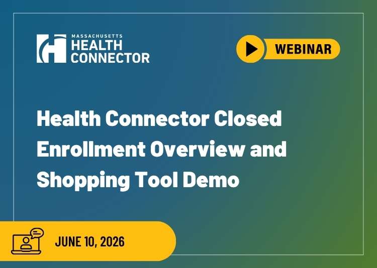 La imagen en miniatura del seminario web con el texto dice: "Health Connector Presentación general del período de inscripción cerrada y demostración de la herramienta de compra. Fecha: 10 de junio de 2026.